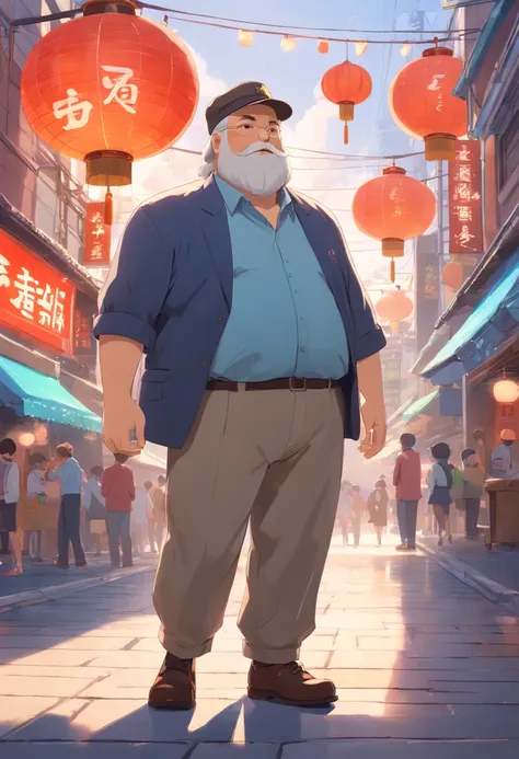 A middle-aged Chinese fat man with a white beard, wearing hat, Wear traditional clothing, by Pixar, full bodyesbian, Pure frontal, Stretch your hands forward, Light perception, Optimized details，He had a puzzled look on his face，In front is an air pump，The...