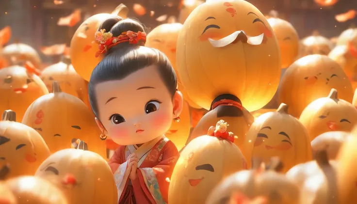 China-style，Tang dynasty baby girl，Hanfu，Cute and cute，Ball head，Hold a bunch of sugar gourds，Lively streets of Changan，eery，Full body like，Detailed and accurate，depth of fields，8K,A high resolution,tmasterpiece,Beautiful wallpapers,high qulity,high detal,...