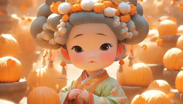 China-style，Tang dynasty baby girl，Hanfu，Cute and cute，Ball head，Hold a bunch of sugar gourds，Lively streets of Changan，eery，Full body like，Detailed and accurate，depth of fields，8K,A high resolution,tmasterpiece,Beautiful wallpapers,high qulity,high detal,...