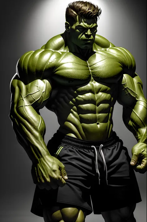 (16k, foto RAW, melhor qualidade, obra-prima: 1.2), ultra-detalhado, arte formal, foto realismo: 1.37, foto do corpo inteiro, (homem, beleza ,( CHRIS BUMSTEAD)film grain, HULK DC,action pose ((HULK ))detalhes, VERDE, shorts preto 32k