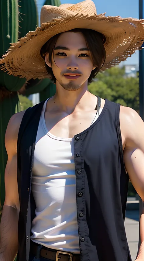 ((Men only)), ((head shot)), (Leon Kennedy), (handsome muscle man in his 20s), ((wearing a big Sombrero)), (big many cactus in the background), ((wearing red tank top)), (Big smile), (detaile: 1 in 1), Natural muscles, HIG quality, beautidful eyes, (Detail...