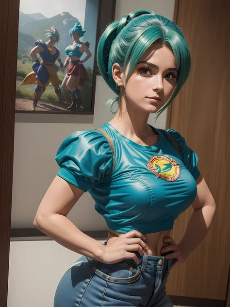 ((uma linda mulher jovem atraente, (fotorrealista:1.4), com traje de cosplayer de bulma, personagem inspirado de dragon ball, co...