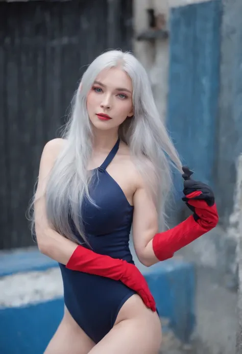 (((Long silver hair)))、((Navy blue knee-high boots))、((Long navy blue gloves))、(((Black Leotard)))、(((Blue eyes)))、(((red blush)))、(((I have my mouth wide open)))、(((Teary face)))、(((Wink)))、((cyberpunked))、((((Red Domino Mask))))、(((prison)))、(((Only one ...