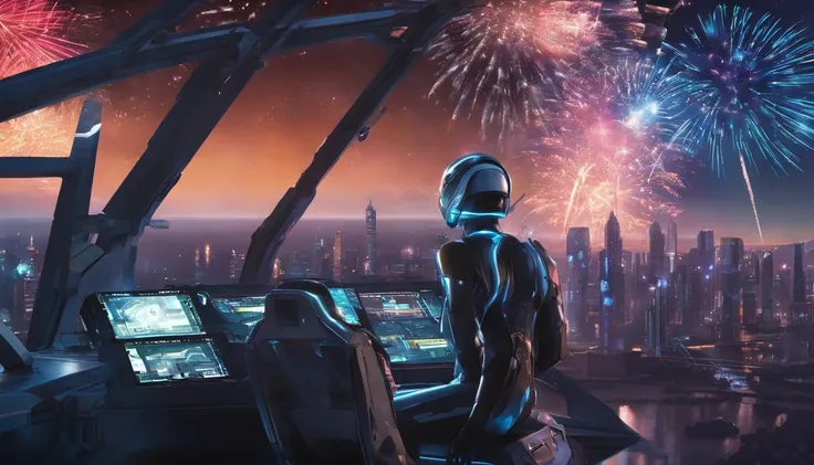 the pilot female is sitting in the cockpit of the robot, looking at the fireworks over the city, futuristic city, octane render, intricate details, detailed