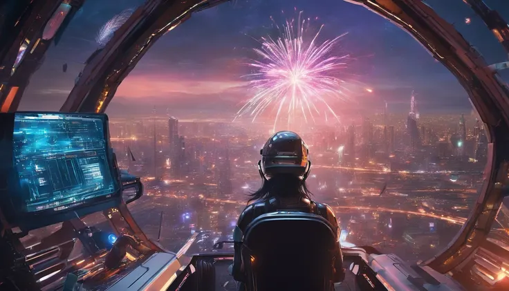 the pilot female is sitting in the cockpit of the robot, looking at the fireworks over the city, futuristic city, octane render, intricate details, detailed