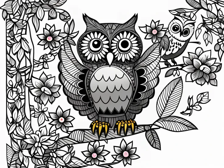 Vivid pastels、24 colors filled、Owl sitting on a branch surrounded by flowers Glowing owl, very detailed illustration, HD Vector Art, 24 colors vector art, coloring book outline, 24-color coloring, glowing owl, Black outline of illustration, very detailed i...