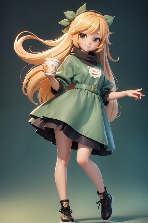 cute girl is holding milk tea cup, 3dmm style, masterpiece, full body, simple background, chibi style, green