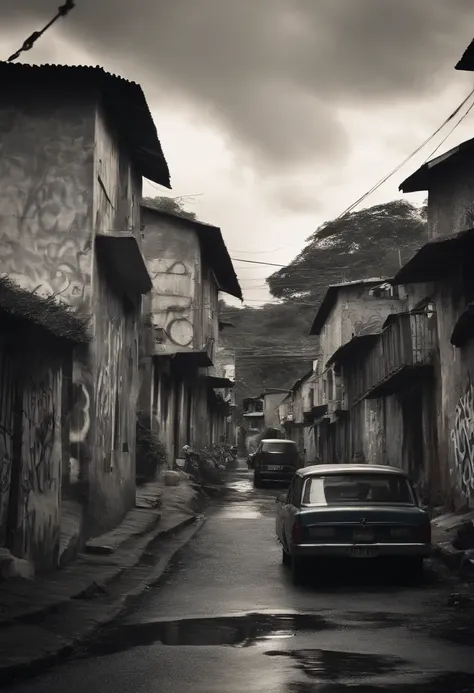 Image in graffiti drawing merging cluster of houses and shacks with sights that exists in Pampulha