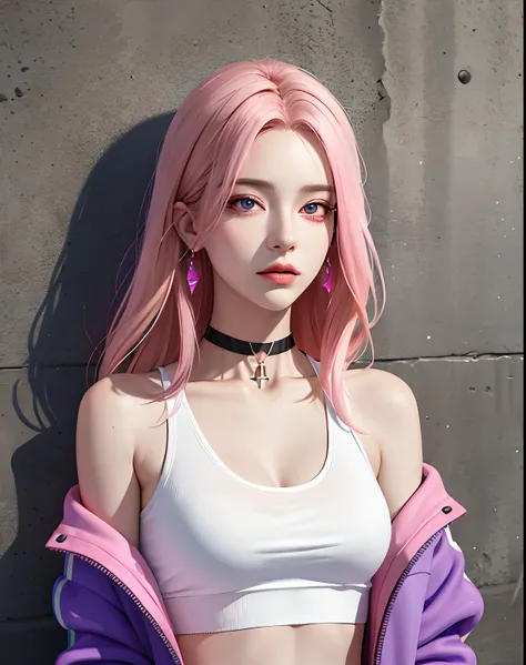 (masterpiece, best quality, 1girl, solo, intricate details, chromatic aberration), realistic, ((medium breath)),long hair, pink hair, red head ornament, pink highlights, hair over one eye,purple eyes, earrings, sharp eyes, choker, neon shirt, open jacket, ...