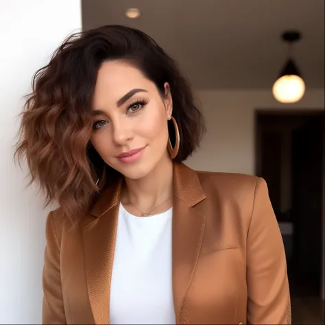 Mujer linda con cabello marron . Una influencer linda y conquistadora. Es real y la imagen a 4k