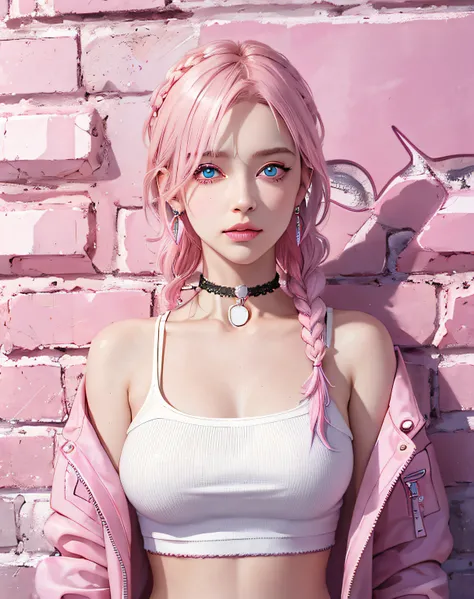 (masterpiece, best quality, 1girl, solo, intricate details, chromatic aberration), realistic, ((medium breath)), single braid pink hair,  blue eyes, earrings, sharp eyes, pink lips, choker, neon shirt, open jacket, crop top, (symmetry eyes),(perfect symmet...