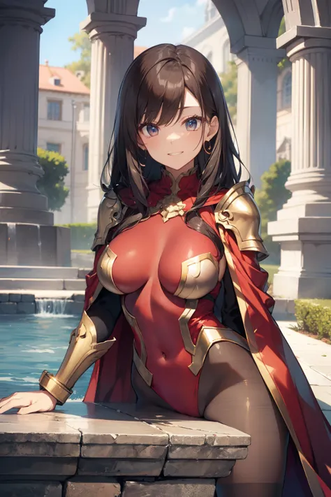 top-quality、Full limbs、complete fingers、Slender beauty、straight haired、Brown hair、(Red High Neck Long Sleeve Leotard:1.3)、Gold Leotards、(Brown pantyhose:1.3)、red cloak、Western armor、Iron breastplate、Iron shoulder rest、Iron Gauntlet、Iron shin pad、Beautiful ...