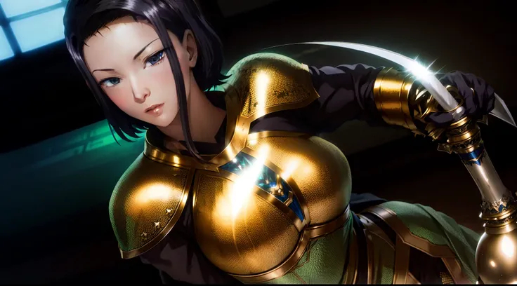 short black hair, green eyes, wearing knight armor silver, gold color, with cape green, with holy sword.