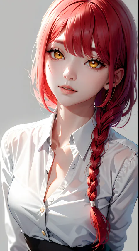 tmasterpiece，（真实感：1.4），best qualtiy，（cleavage:1.3)，beautiful light up，（Ulzzang-6500：0.5），makima （chainsawman），（red hair）+（long braid）+（By bangs），Yellow eyes，Golden eyes, ((eye socket)), (white  shirt), (tiese), RAW photos, 8K  UHD, filmgrain