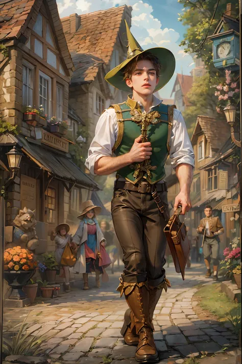 (absurdres, highres, ultra detailed, HDR), masterpiece, best quality, wizard of oz character, handsome young hero wearing detailed headgear, detailed face, handsome face, strolling at the town , detailed character, detailed outdoor