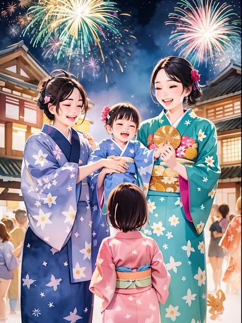 A modern watercolor painting of a family watching a fireworks festival in yukata. The scene is festive and cheerful, with bright colors and sparkles in the sky. The family is smiling and holding hands, enjoying the spectacle and the summer night. The backg...