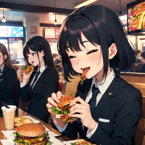 1 beauty, 18 high school girls, Watery Big Eyes，blazer and tie, (Happy smile)，long eyelasher, Blushlush，Black Perm Hair,At the table in a fast food restaurant, (Close your eyes, Smile and open your mouth wide), ((Gnawing on a grabbed hamburger with both ha...