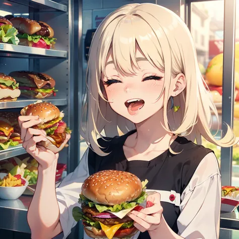 1 beauty，sixteen years old, Watery Big Eyes，(Happy smile)，long eyelasher, Blushlush，Platinum Blonde Perm Hair,in fast food shop, (Close your eyes, Smile and open your mouth wide), ((Gnawing on a grabbed hamburger with both hands)),(Eat cleanly)