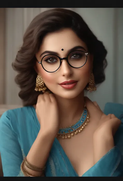 (best quality,4k,8k,highres,masterpiece:1.2),ultra-detailed,(realistic,photorealistic,photo-realistic:1.37),round face girl,beautiful detailed eyes,beautiful detailed lips,extremely detailed eyes and face,long eyelashes,round specs,wearing blue kurta and j...