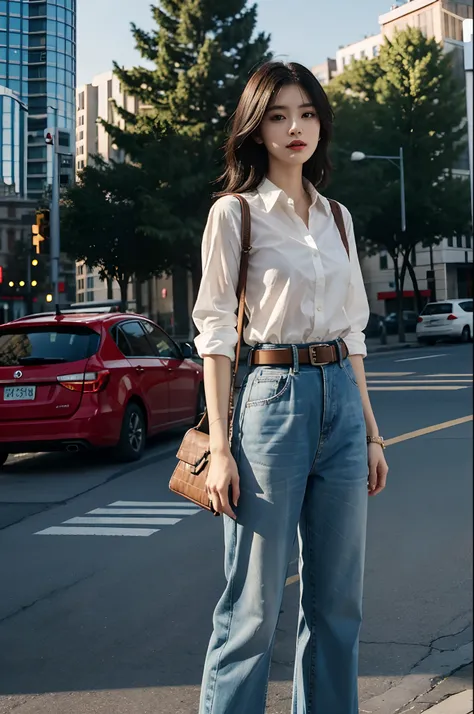 Belt bag, Blurry, building, Christmas, Christmas_tree, city, city_A light, Photo_Background, Realistic, Skyscraper, Solo, tree, Shirt, Black_hair, 1boy, Standing, white_Shirt, Mans_Focus, cowboys_shot, Collared_Shirt, Pants, Shirt_tucked_In, brown_Pants, O...