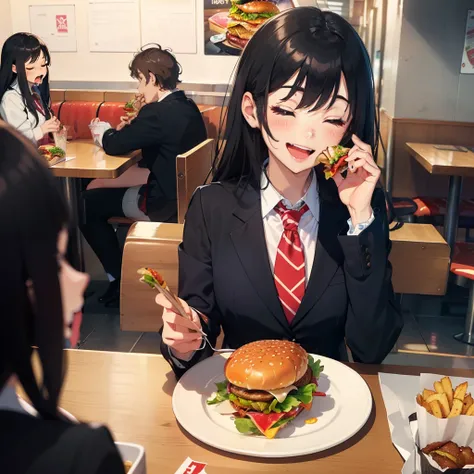 1 beauty, 18 high school girls, Watery Big Eyes，blazer and tie, (Happy smile)，long eyelasher, Blushlush，Black Perm Hair,At the table in a fast food restaurant, (Close your eyes, Smile and open your mouth wide), ((Gnawing on a grabbed hamburger with both ha...