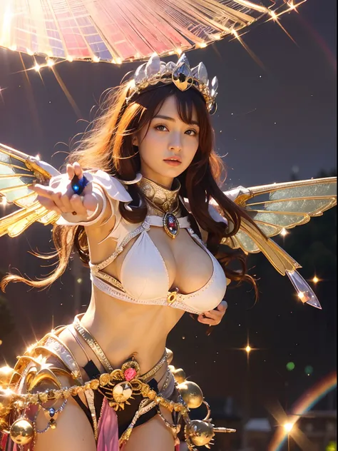 (A smile), Professional , ​masterpiece、top-quality、photos realistic , depth of fields （Gemstone White Metal Body:1.９),(Matte White Pink、Jewel Gold Weapon、（Gorgeous castle background）、（ultimate beauty girl）、（Rainbow fairy wings grow）、Particles of light、（Met...