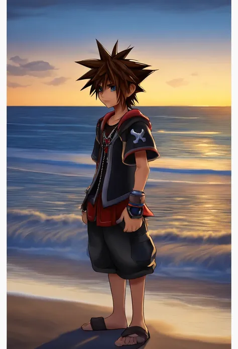 Sora, Kingdom Hearts on a beach on twilight