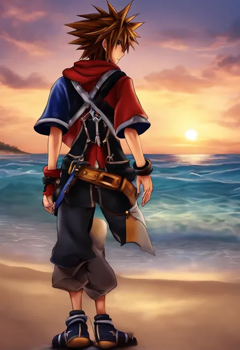 Sora, Kingdom Hearts on a beach on twilight