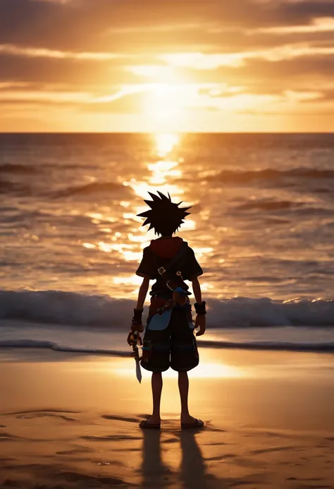 Sora, Kingdom Hearts on a beach on twilight