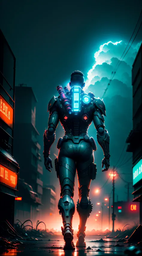 ((Full camera framing)), (((wasteland))), (Calles rotas), (((A man standing with his back to the camera, He wears a biomechanical suit and with a katana in his hand))), barras de acero, (((air rail cars))), scattered power lines, electric sparks, tattered ...