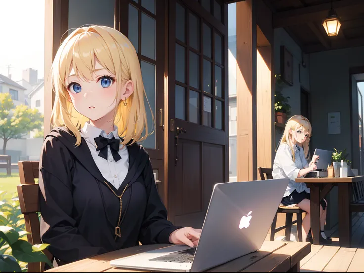 1girl in, Open Cafe, outside of house, during daytime, brightened light、cozily, sitting on, lecture, (depth of fields:1.3), Look at the camera、((Woman using laptop)), bokeh dof, 细致背景, ​masterpiece, top-quality,a blond、adult lady、20yr old、Semi-long