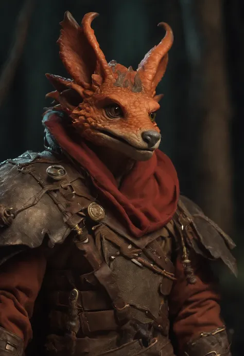 (((by Zackary911, by Kenket, by Kilinah))), solo male, bright orange skin, orange scales, (((Kobold)), (detailed kobold)) wearing a red cloak with a hood, green gem on the collar, bandaged thighs and bandaged chest, muscular toned, squirrel ears, kobold ta...