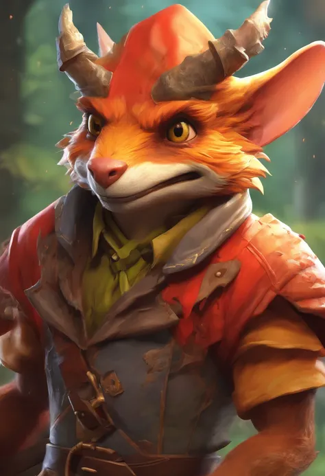 (((by Zackary911, by Kenket, by Kilinah))), solo male, bright orange skin, orange scales, (((Kobold)), (detailed kobold)) wearing a red cloak with a hood, green gem on the collar, bandaged thighs and bandaged chest, muscular toned, squirrel ears, kobold ta...