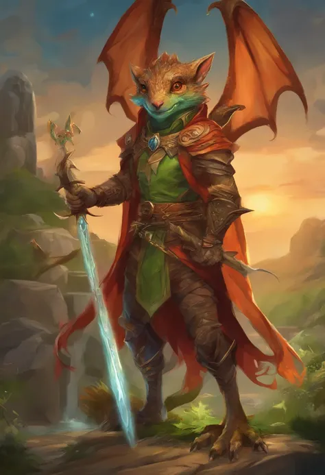 (((by Zackary911, by Kenket, by Kilinah))), solo male, bright orange skin, orange scales, (((Kobold)), (detailed kobold)) wearing a red cloak with a hood, green gem on the collar, bandaged thighs and bandaged chest, muscular toned, squirrel ears, kobold ta...