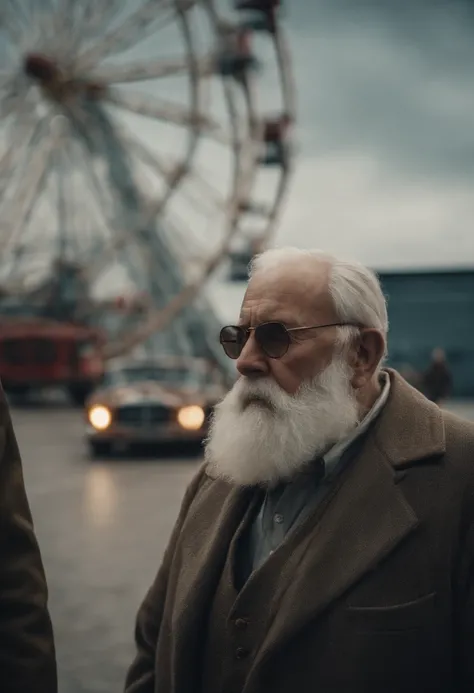 Old men with beards army with ferris wheel and Mercedes factory