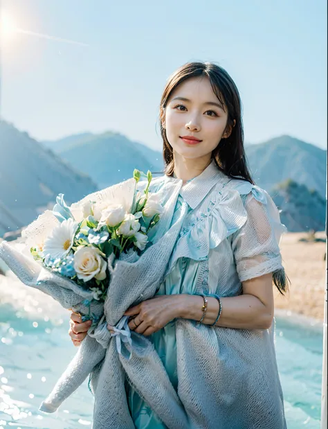 beuaty girl,Long black hair,Delicate and delicate face,light  smile,Holding a very beautiful bouquet of light blue flowers,Beautiful dress in light blue,Perfect hands,detail-rich,solid color simple background,Movie lighting,contrast of light and shadow,ren...