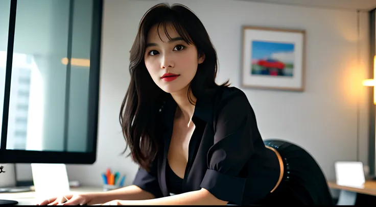 Background in the office，looking at viewert，depth of fields，Bokeh，The light drops，
1 girl in Deep V office outfit，red blouse，a black skirt，with brown eye，photography of，full bodyesbian, tmasterpiece， best qualtiy， A high resolution， realistic detail， Glowi...