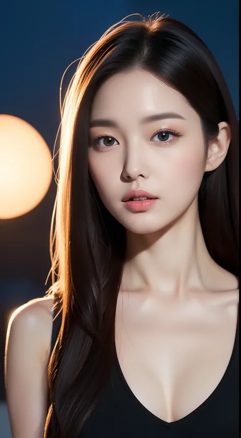 realistic photos of 1 cute Korean star, straight hair, white skin, thin makeup, 32 inch breasts size, wearing  crop top, at night market,  close-up portrait, Cubist Futurism, UHD