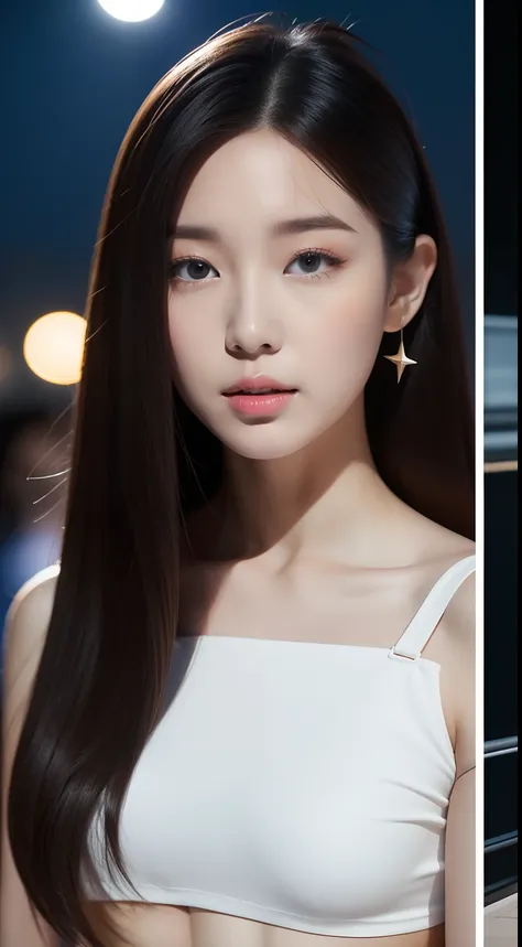 realistic photos of 1 cute Korean star, straight hair, white skin, thin makeup, 32 inch breasts size, wearing  crop top, at night market,  close-up portrait, Cubist Futurism, UHD