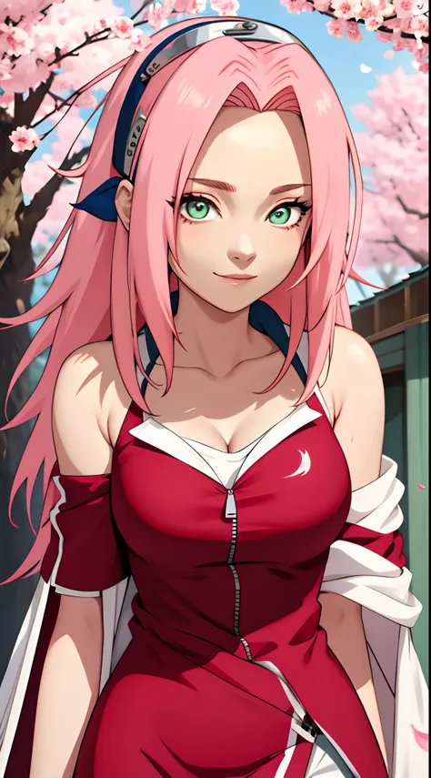 tmasterpiece， best quality at best， 1girll， sakura haruno， large breasts，off-the-shoulder attire，（cleavage)，（upperbody closeup)，...