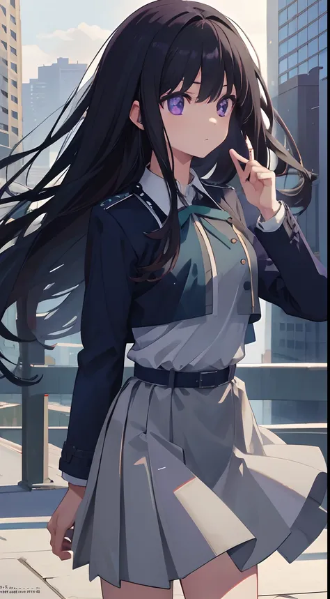 takinainoue, Inoue Takina, Long hair, bangs, Black hair, (Purple eyes:1.2), BREAK  shirt, Long sleeves, dress, ribbon, school uniform, White shirt, Collared shirt, belt, Neck ribbon, Blue dress, Green Ribbon, Pleated dress, grey dress, Two-tone dresses, Bl...