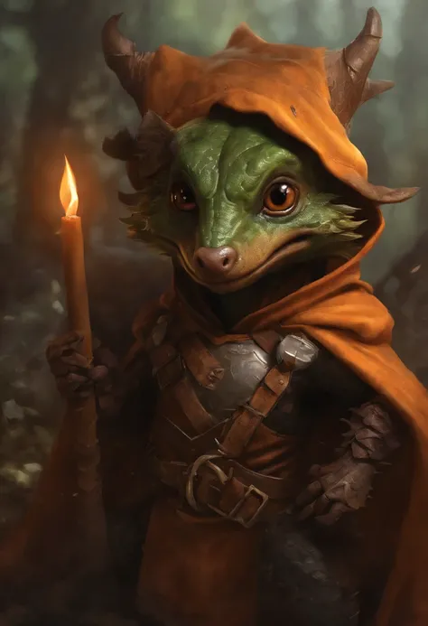 (((by Zackary911, by Kenket, by Kilinah))), solo male, bright orange skin, orange scales, (((Kobold)), (detailed kobold)) wearing a red cloak with a hood, green gem on the collar, bandaged thighs and bandaged chest, muscular toned, squirrel ears, kobold ta...