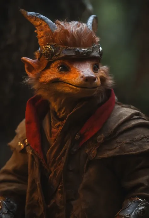 (((by Zackary911, by Kenket, by Kilinah))), solo male, bright orange skin, orange scales, (((Kobold)), (detailed kobold)) wearing a red cloak with a hood, green gem on the collar, bandaged thighs and bandaged chest, muscular toned, squirrel ears, kobold ta...