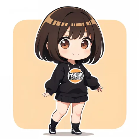 1 girl, chibi, smile, brown hair, full body, comic strip, white backgrounid, a sticker, thick black outline