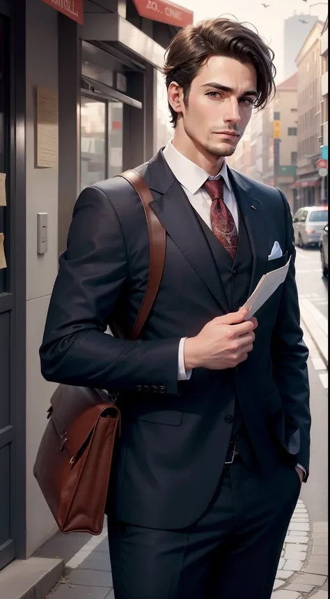 Man in suit，Holding a letter in his hand，The letter has a loving motif，The background is the post office