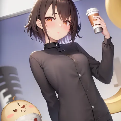 Anime girl with a cup of coffee and a banana, Smooth Anime CG Art, guweiz, artwork in the style of guweiz, Anime visuals of cute girls, anime girl drinks energy drink, Shinkai Makoto style, By Shinkai Makoto. a digital rendering, Kantai Collection Style, m...