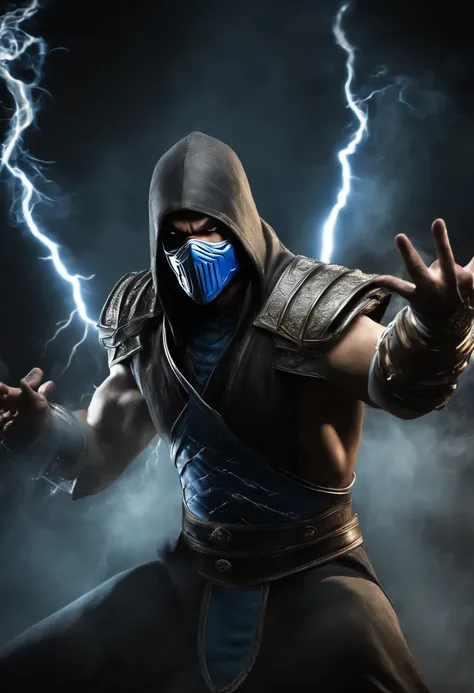 ((Subzero do mortal Kombat, ultra realistic)), (((corpo inteiro))), ((perfect hands)), atordoante, hyper realistic, octan render, surrounded by the effect of smoke and lightning, Estilo Mortal Kombat, fundo antigo, elegante, atordoante, (papel de parede), ...