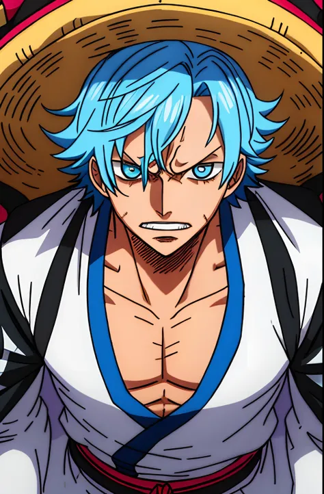 1boy, wanostyle, grimmjow, looking at viewer, solo, upper body, ((masterpiece)), (best quality), (extremely detailed), depth of field, sketch, dark intense shadows, sharp focus, soft lighting, hdr, colorful, good composition, in front of large ship, specta...