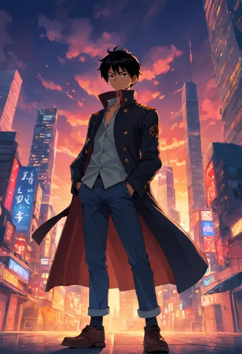 , Luffy , one piece, male people，a black trench coat，with short black hair，Crimson eyes，hands crossed，Stand on a tall building，Behind him stood the soul in full armor , flashy drak background, aura , crasima