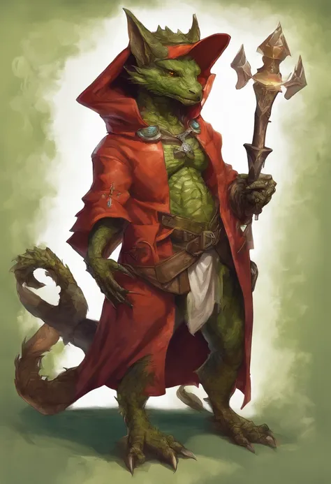 (((by Zackary911, by Kenket, by Kilinah))), solo male, bright orange skin, orange scales, (((Kobold)), (detailed kobold)) wearing a red cloak with a hood, green gem on the collar, bandaged thighs and bandaged chest, muscular toned, squirrel ears, kobold ta...